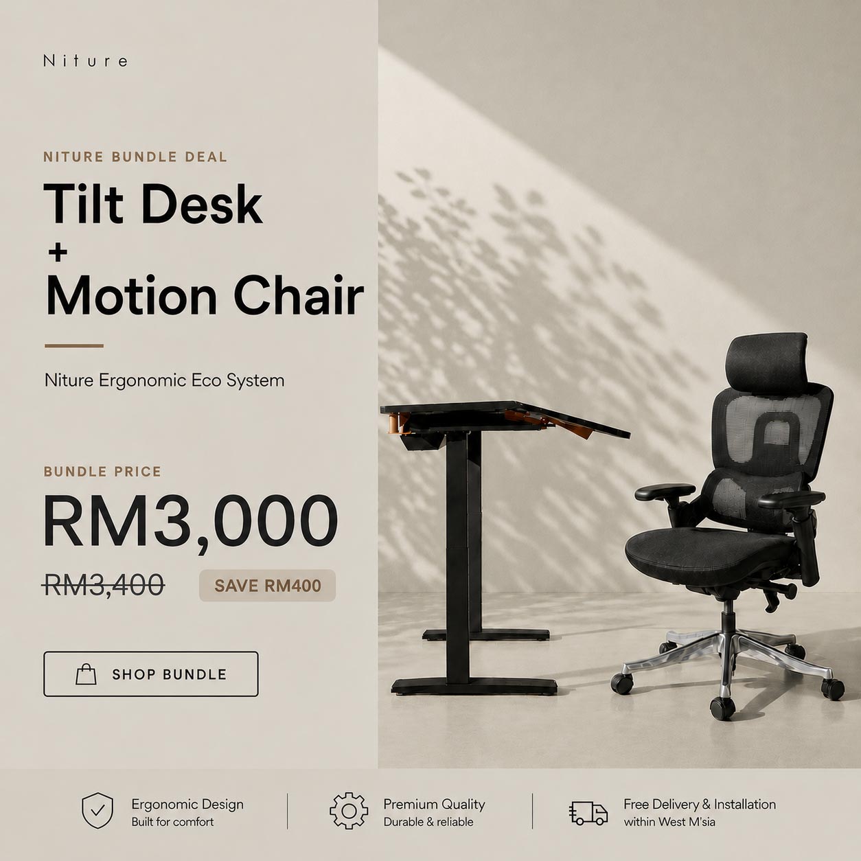 Niture balance bundle tilt desk with motion chair