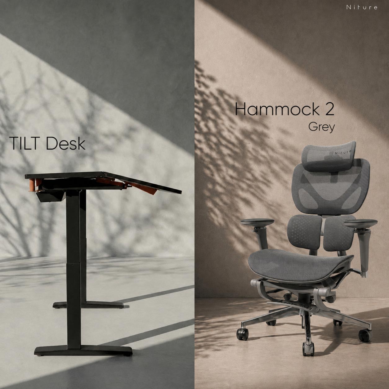 Niture everyday comfort bundle tilt desk with hammock 2 chair grey