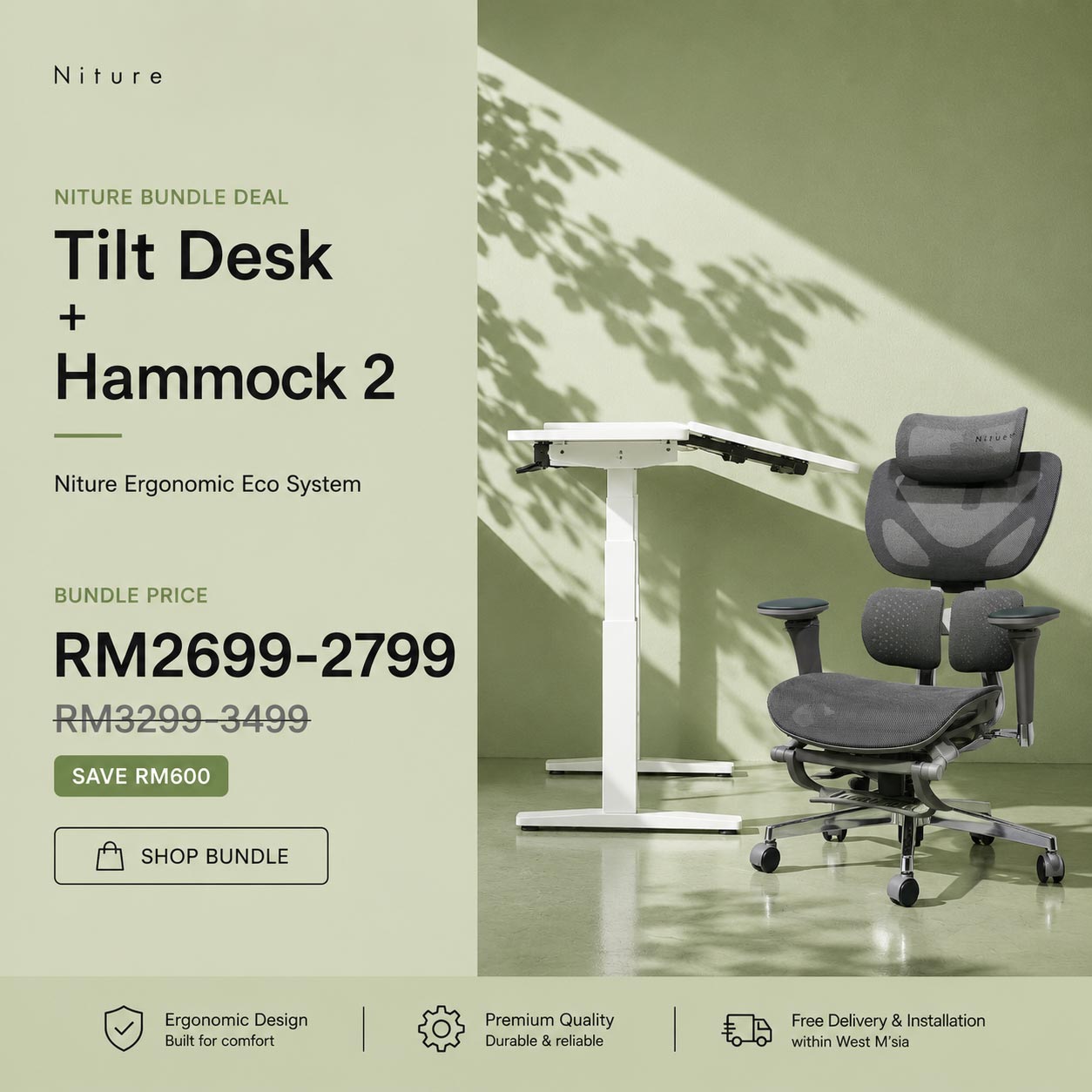Niture everyday comfort bundle tilt desk with hammock 2 chair