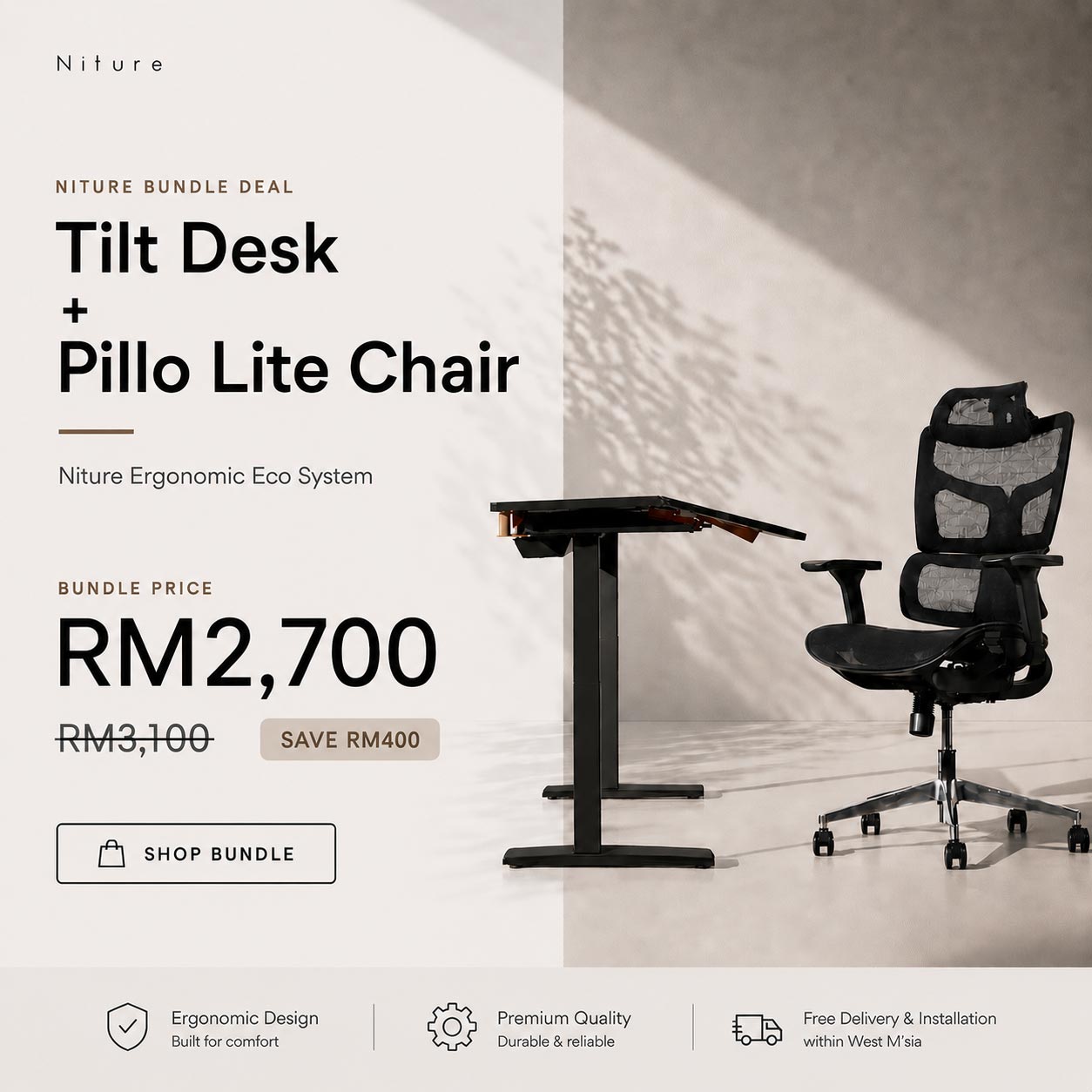 The essential bundle tilt desk with pillo lite chair