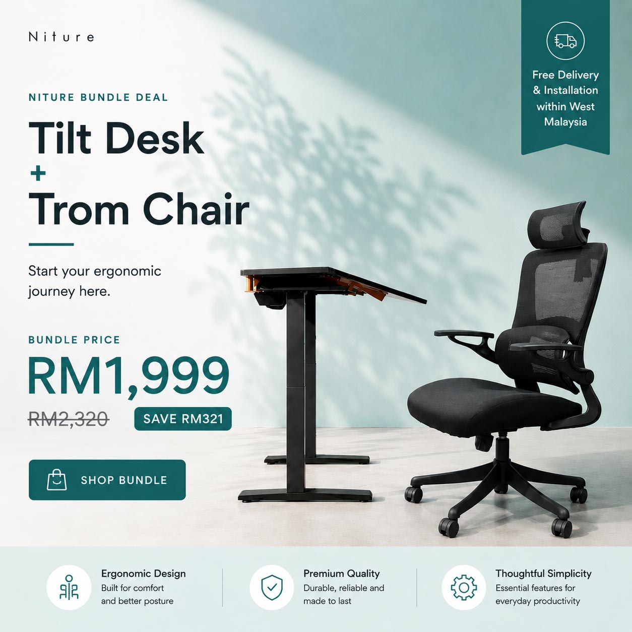Niture entry bundle tilt desk with trom chair