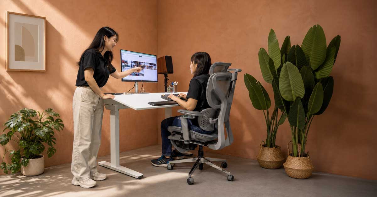 Customer testing a Niture ergonomic chair at the Puchong showroom