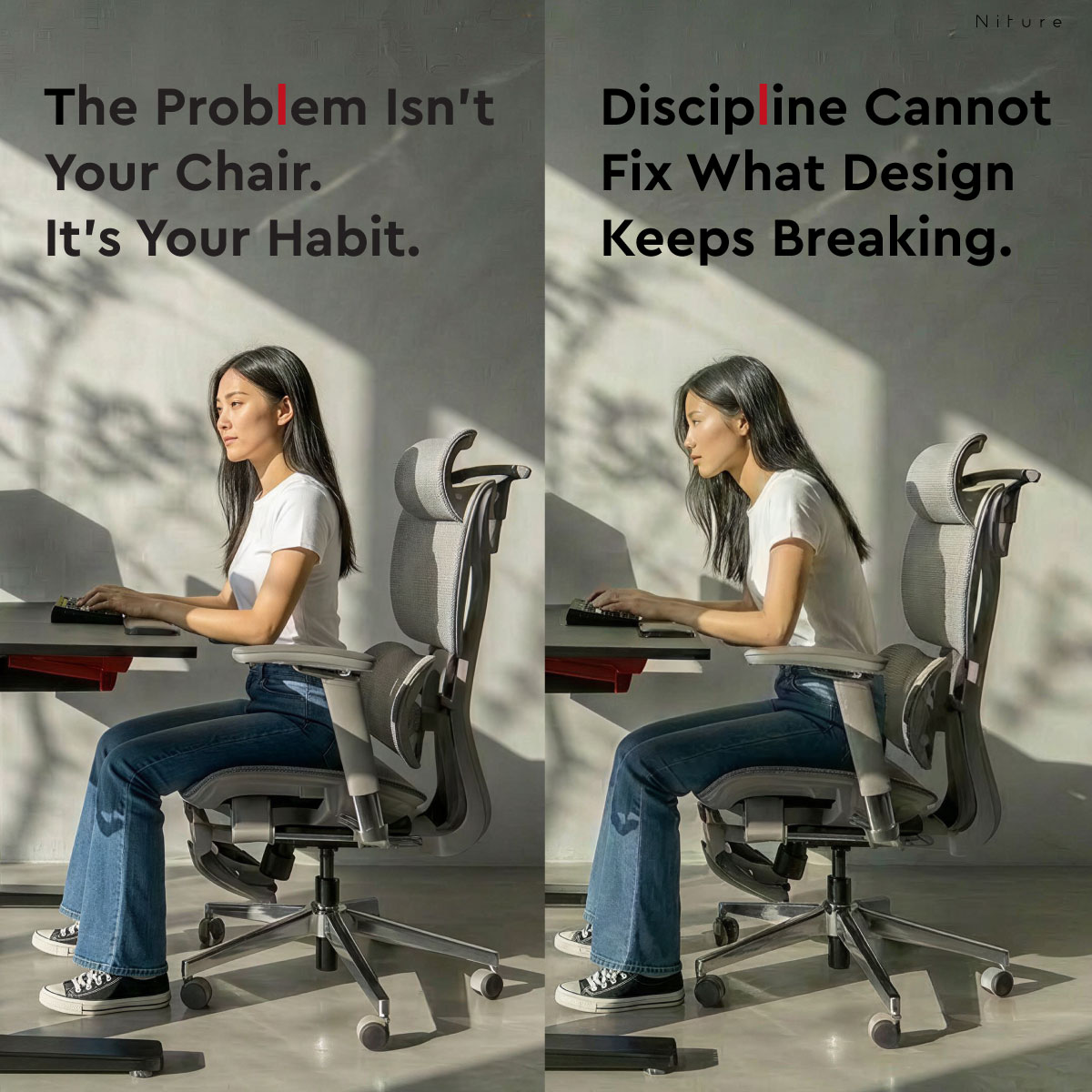 Illustration explaining how a flat desk can encourage the user to lean forward