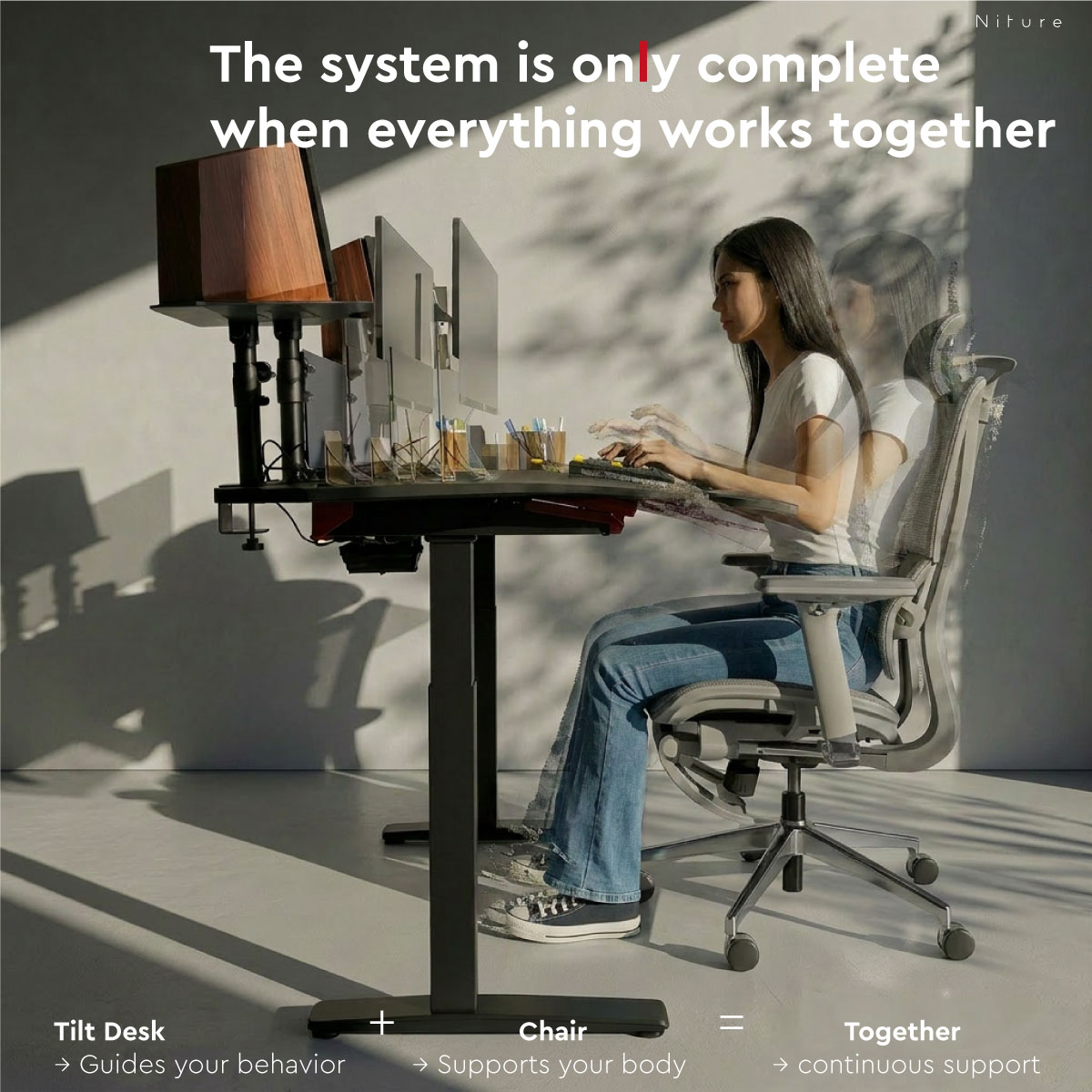 Niture TILT work surface shown in flat mode and adjustable tilt mode