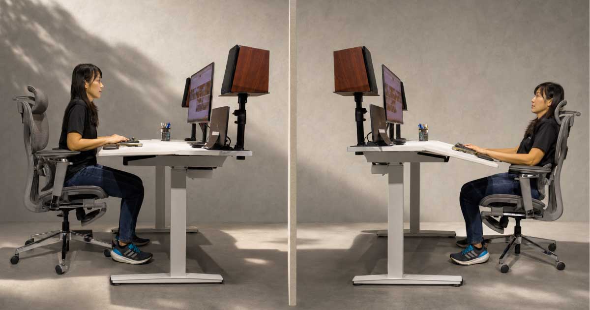 User comparing flat and gently tilted Niture TILT work-surface positions at an ergonomic workstation