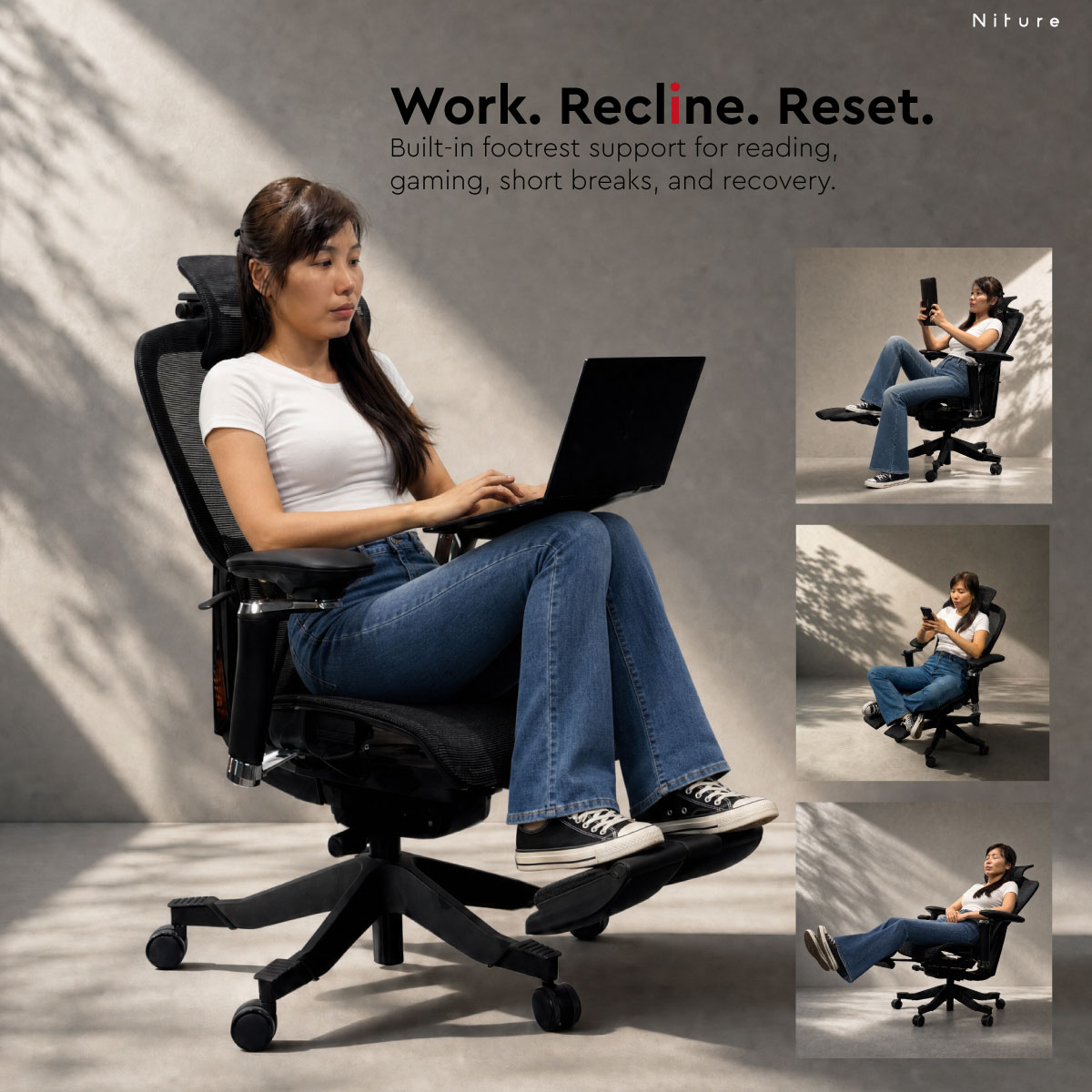 SINC Lite ergonomic chair with retractable footrest configuration