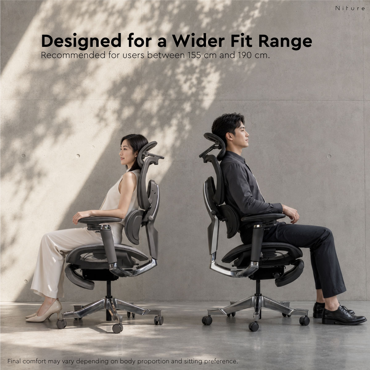 UltraSinc chair fit range for different body heights and proportions