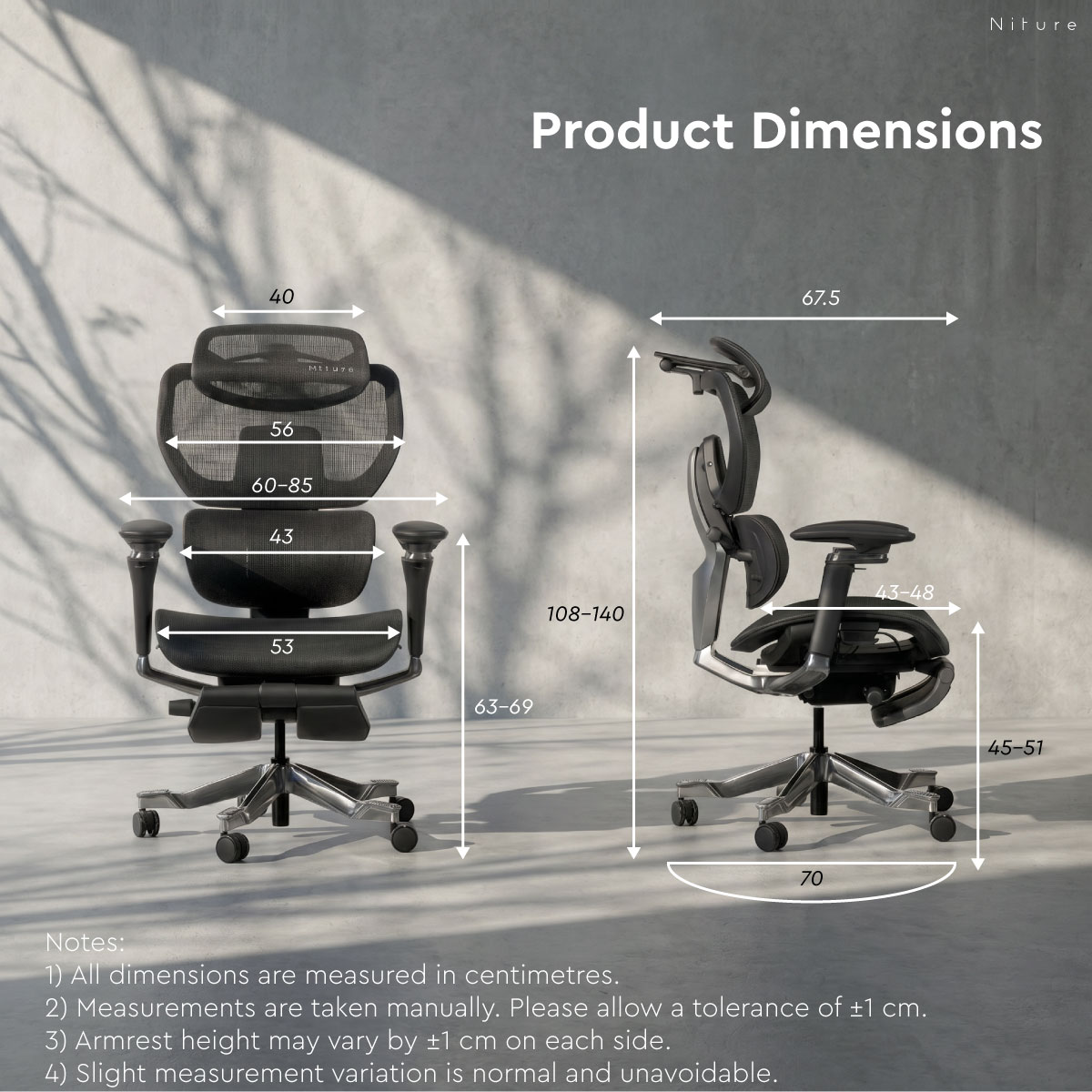 UltraSinc ergonomic chair dimensions in centimetres