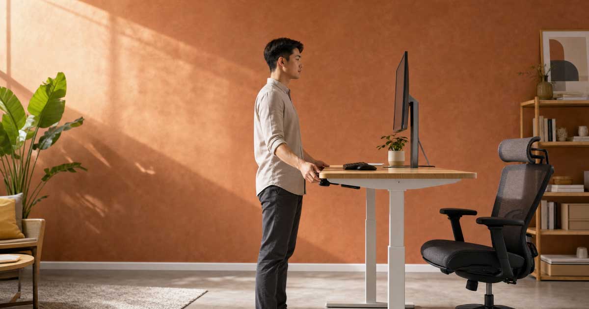 Office worker adjusting monitor and desk height at a standing desk