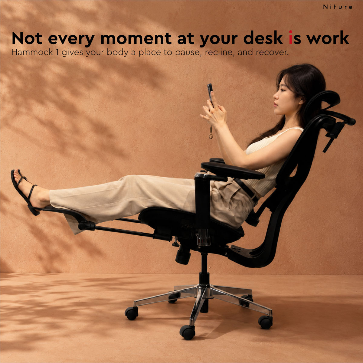 Hammock 1 reclined ergonomic sitting with extended footrest