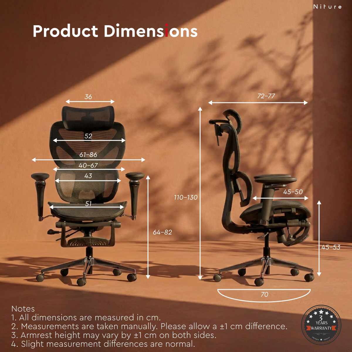 Hammock 1 ergonomic chair product dimensions in centimetres