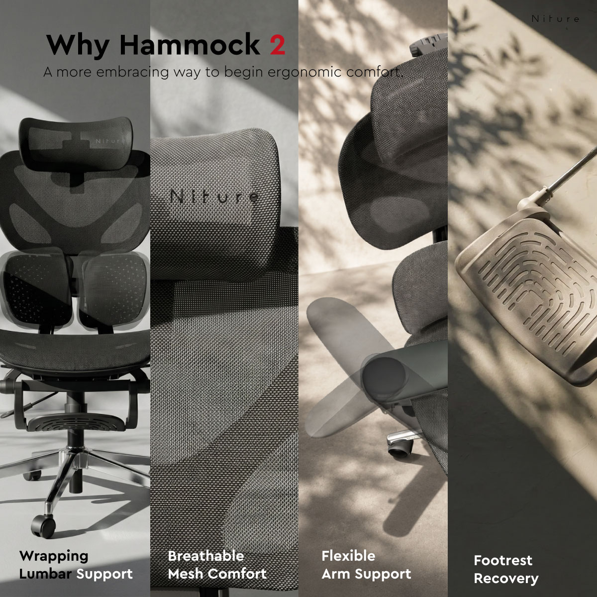 Hammock 2 ergonomic chair with wrapping lumbar support, breathable mesh, flexible armrests and footrest