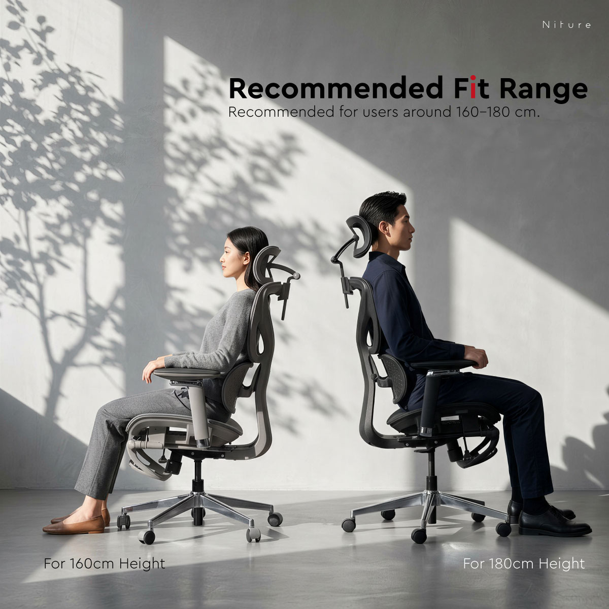 Hammock 2 ergonomic chair shown with users approximately 160 and 180 centimetres tall