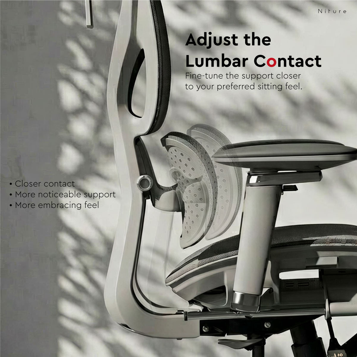 Side view showing the adjustable lumbar contact on the Hammock 2 chair