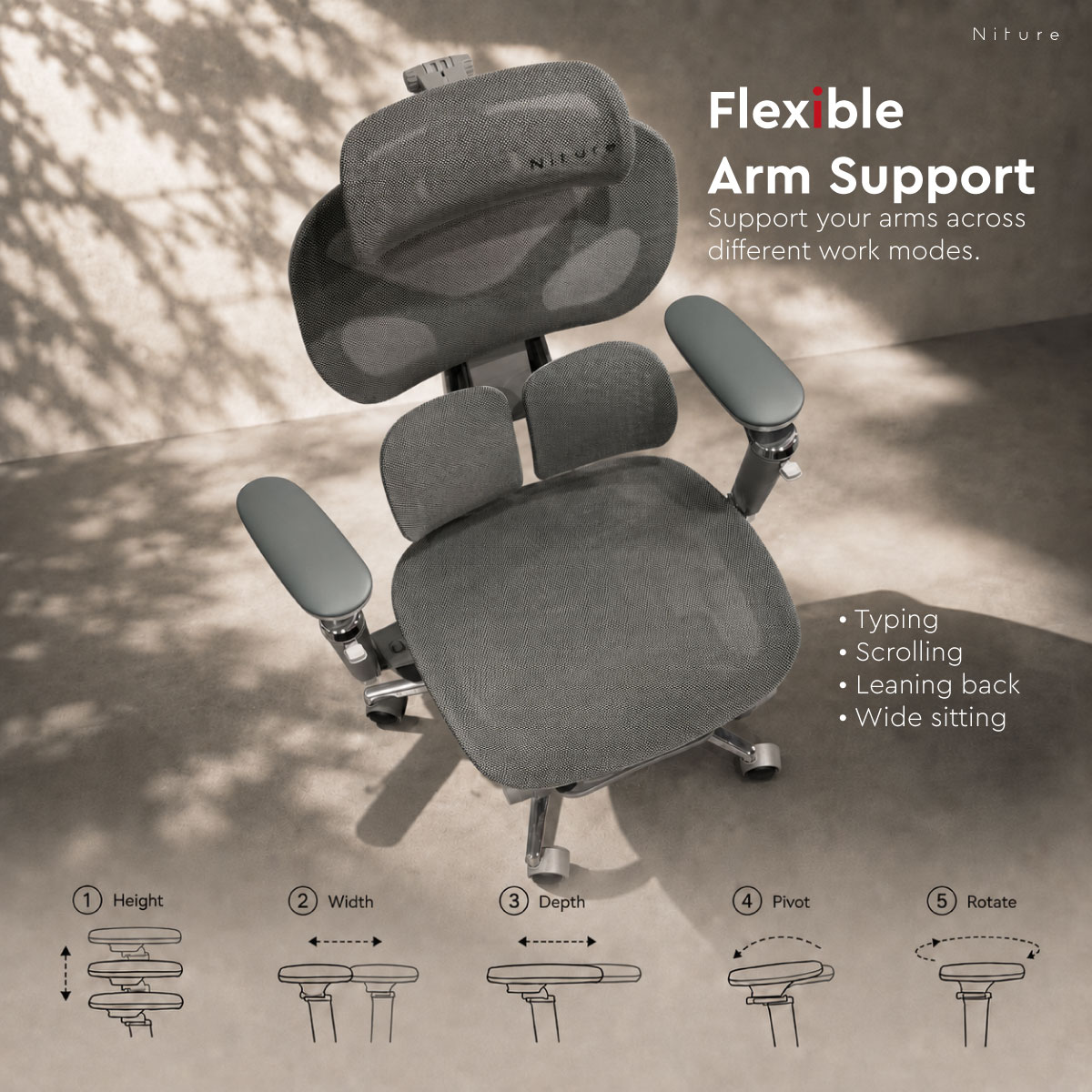 Hammock 2 5D Dual-Axis armrest adjustment directions