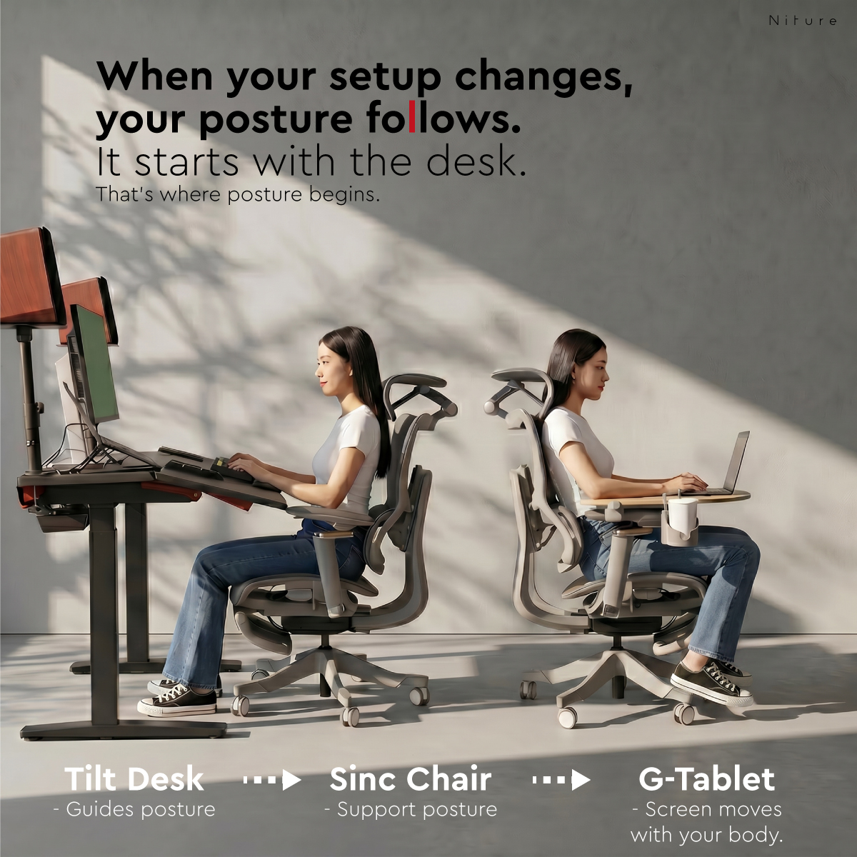 Niture ergonomic ecosystem combining the TILT Desk, SINC ergonomic chair and G Tablet