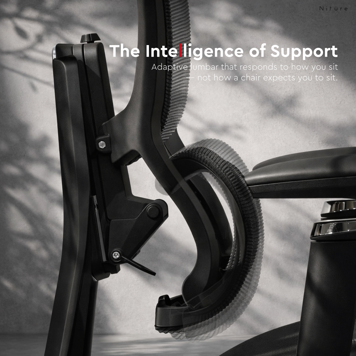 Close-up of the responsive adaptive lumbar support on the SINC ergonomic chair
