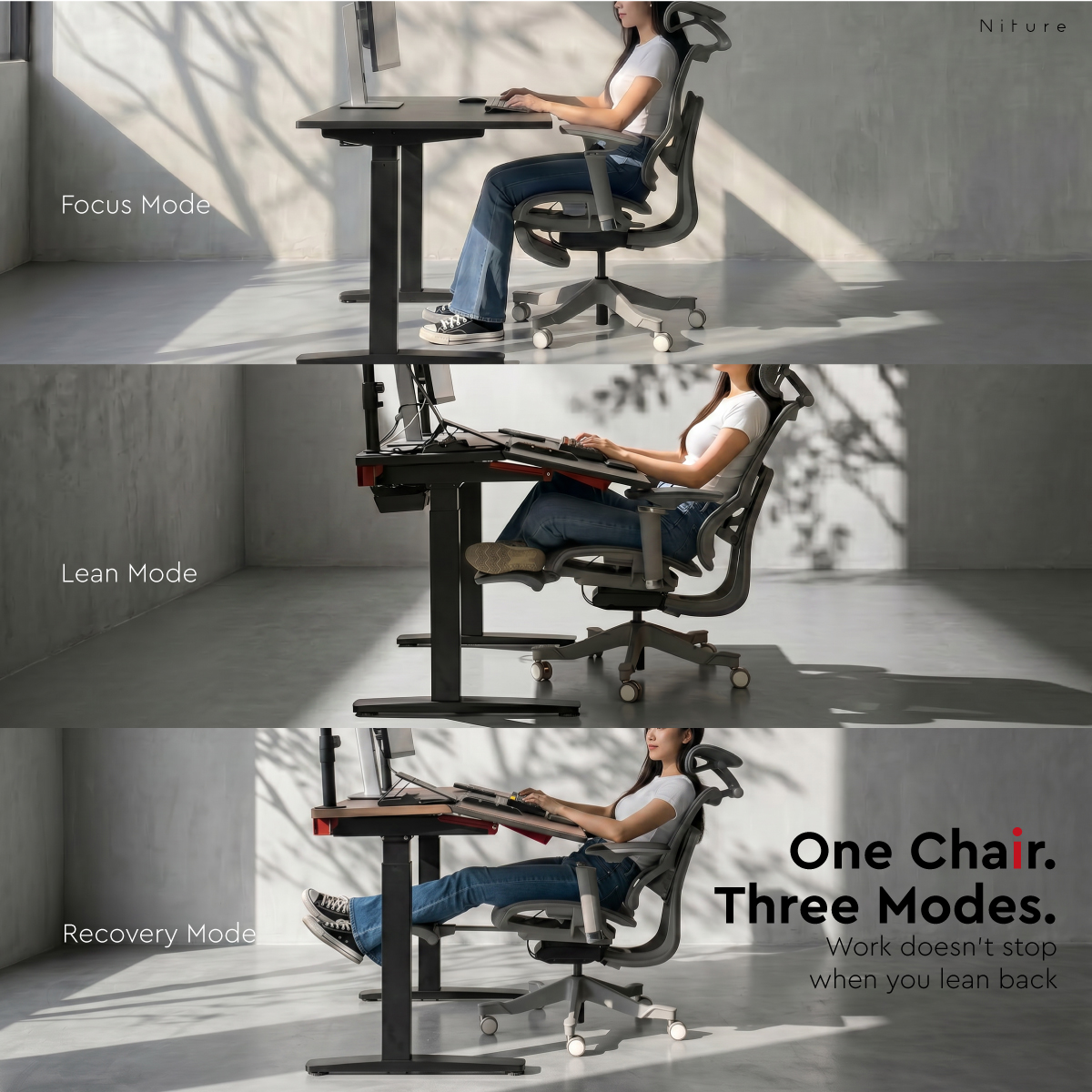 SINC ergonomic chair shown in focus mode, lean mode and recovery mode