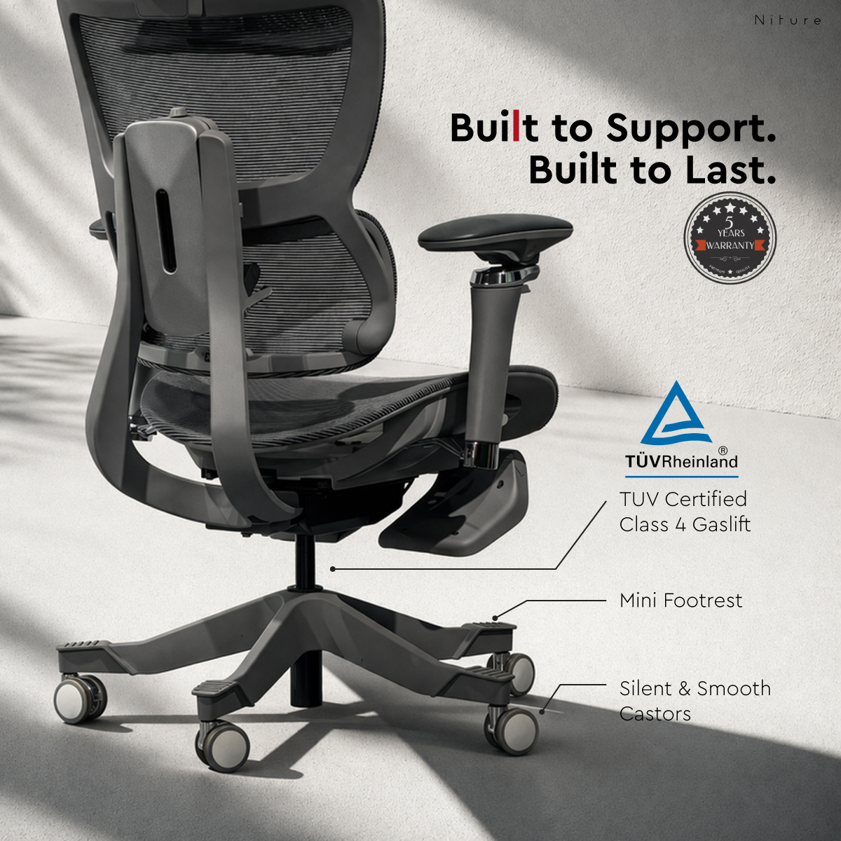 SINC chair base, Class 4 gas lift, castors, footrest and five-year warranty information