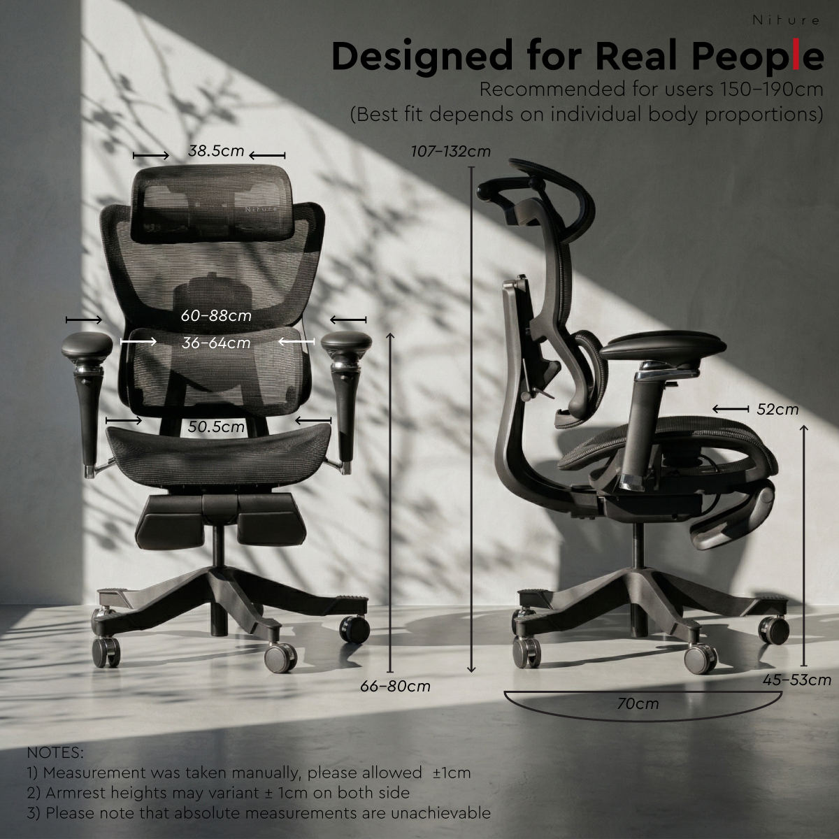 SINC ergonomic chair dimensions and recommended user height