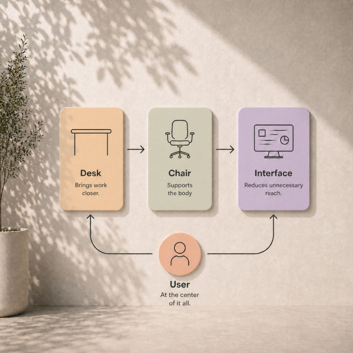 Niture ergonomic ecosystem with chair desk and workspace interface