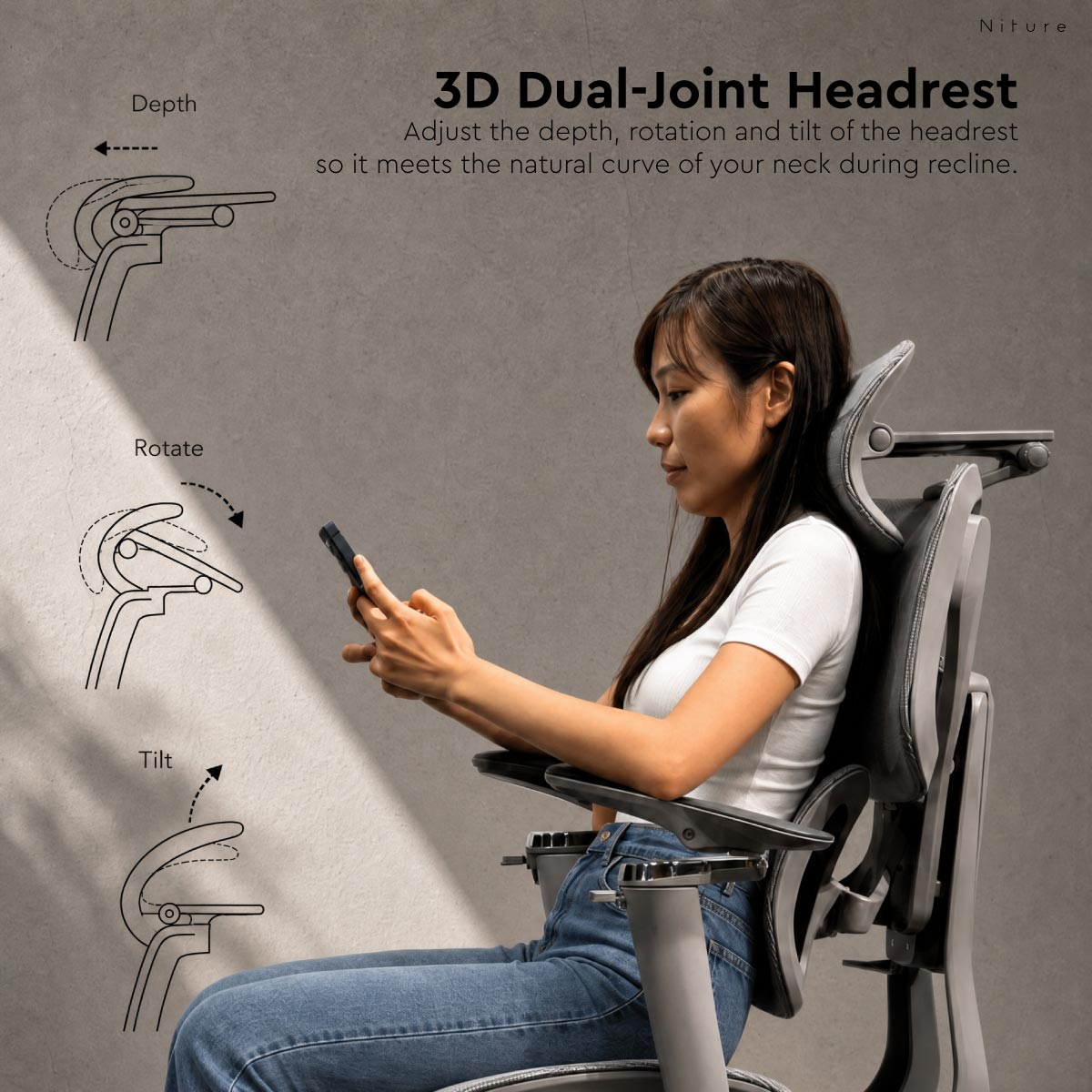 SINC 2 3D Dual-Joint Headrest supporting the natural curve of the neck