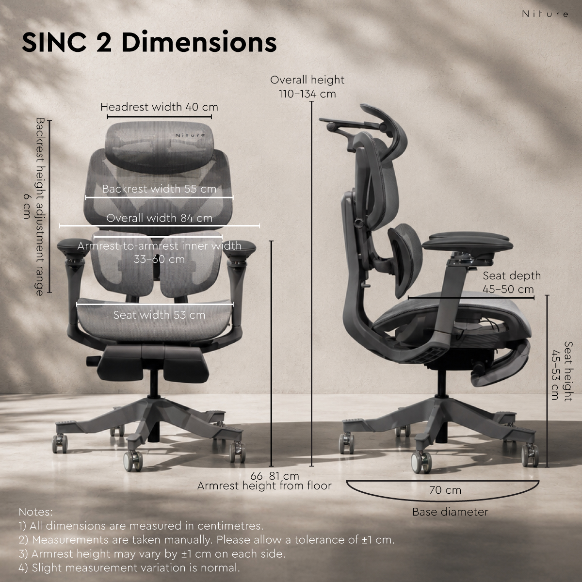SINC 2 ergonomic chair dimensions including seat height, seat depth, widths and overall height