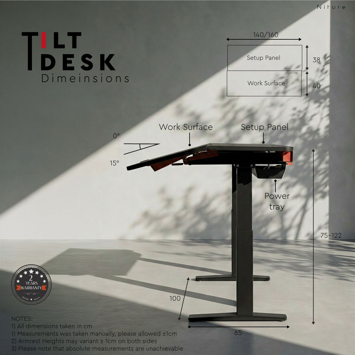Niture TILT height adjustable desk dimensions in 1400 mm and 1600 mm worktop sizes