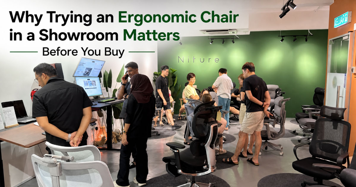 Customer trying an ergonomic chair during a fitting at the Niture Puchong showroom