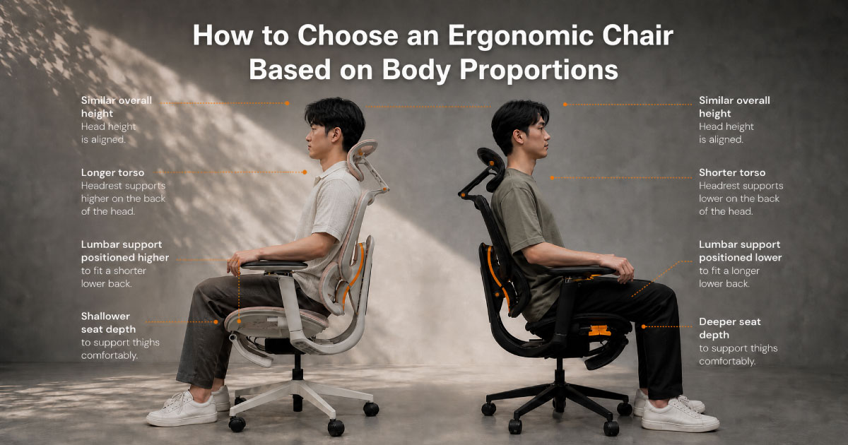 Two users with different body proportions testing ergonomic-chair seat depth and backrest fit